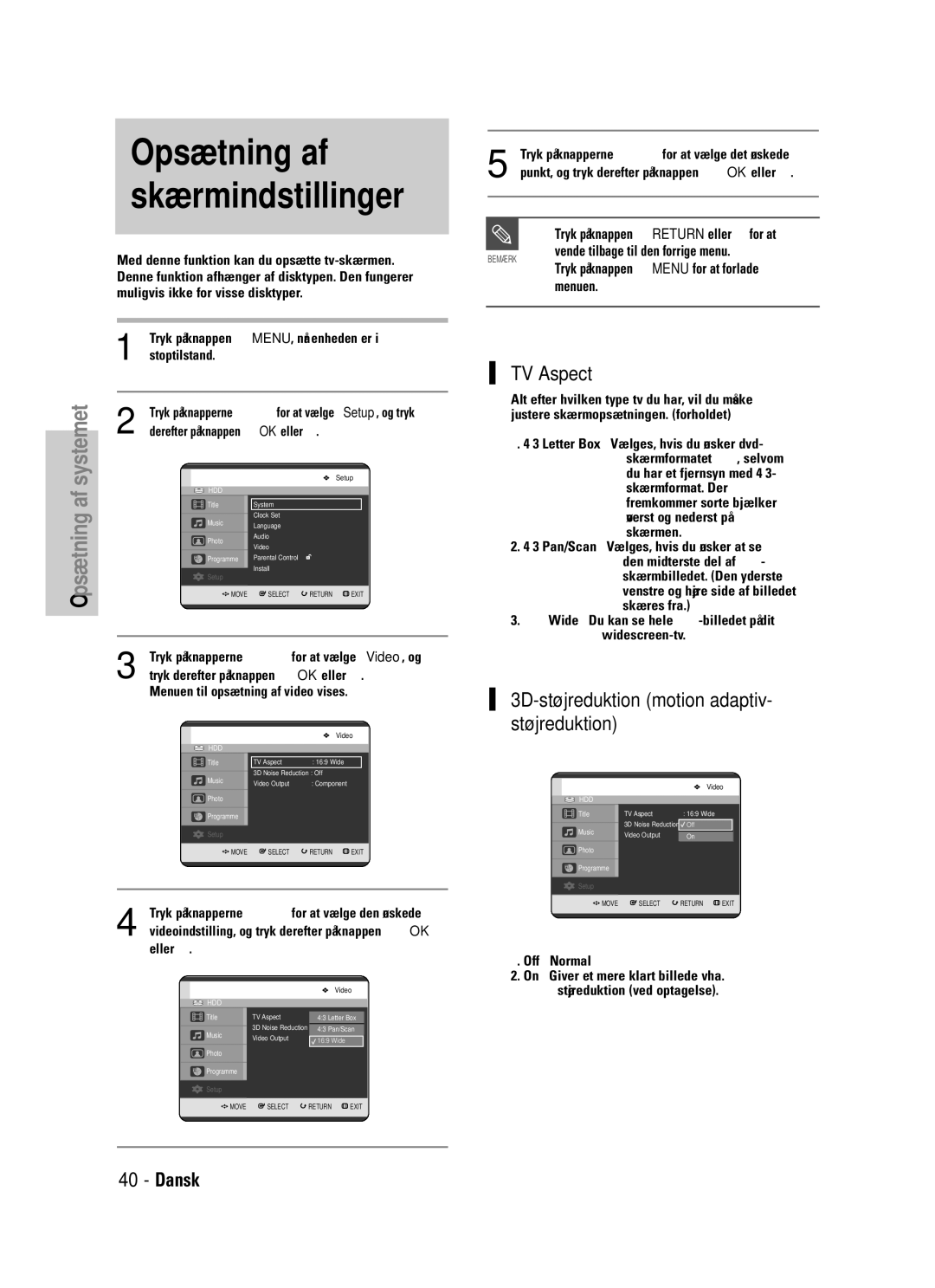 Samsung DVD-HR725/XEE manual Opsætning af skærmindstillinger, TV Aspect, 3D-støjreduktion motion adaptiv- støjreduktion 