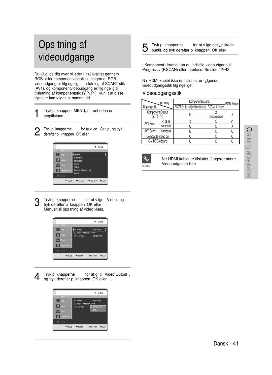 Samsung DVD-HR725/XEE manual Opsætning af videoudgange, Videoudgangsstik, Tryk på knapperne …† for at gå til Video Output 