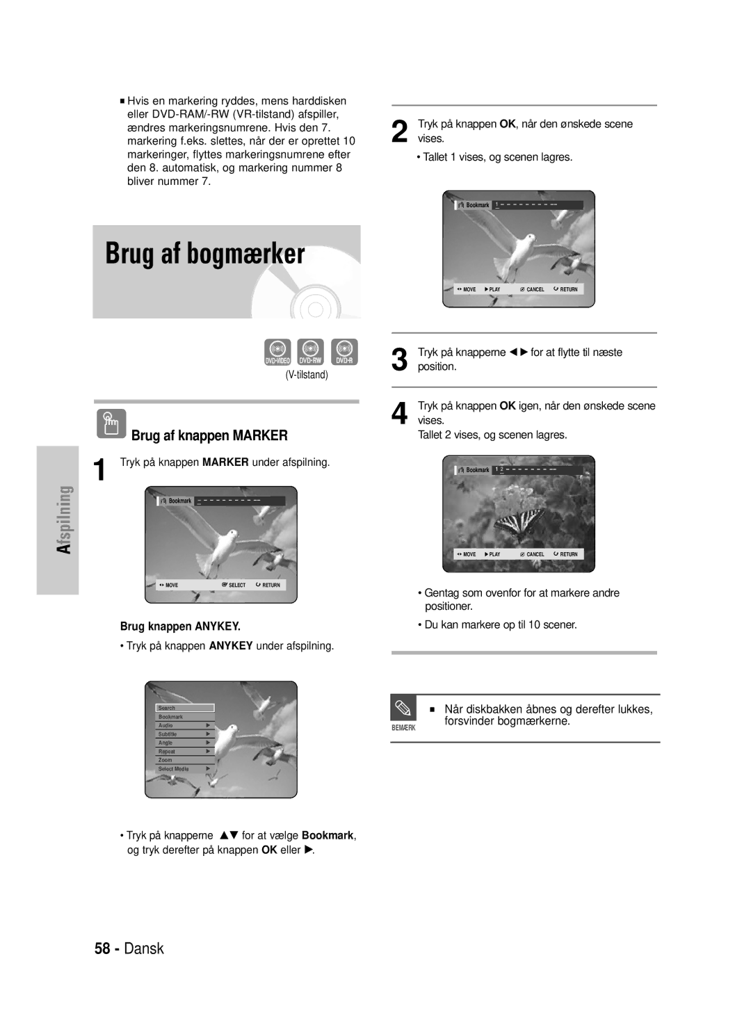 Samsung DVD-HR725/XEE manual Brug af bogmærker, Når diskbakken åbnes og derefter lukkes, Forsvinder bogmærkerne, Tilstand 