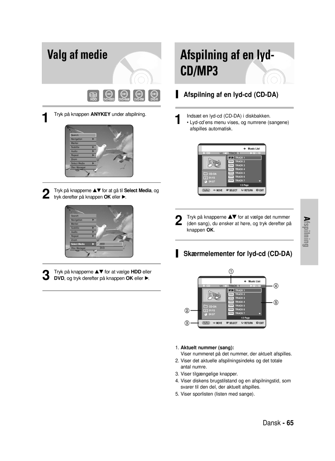 Samsung DVD-HR725/XEE manual Valg af medie, Afspilning af en lyd-cd CD-DA, Skærmelementer for lyd-cd CD-DA 