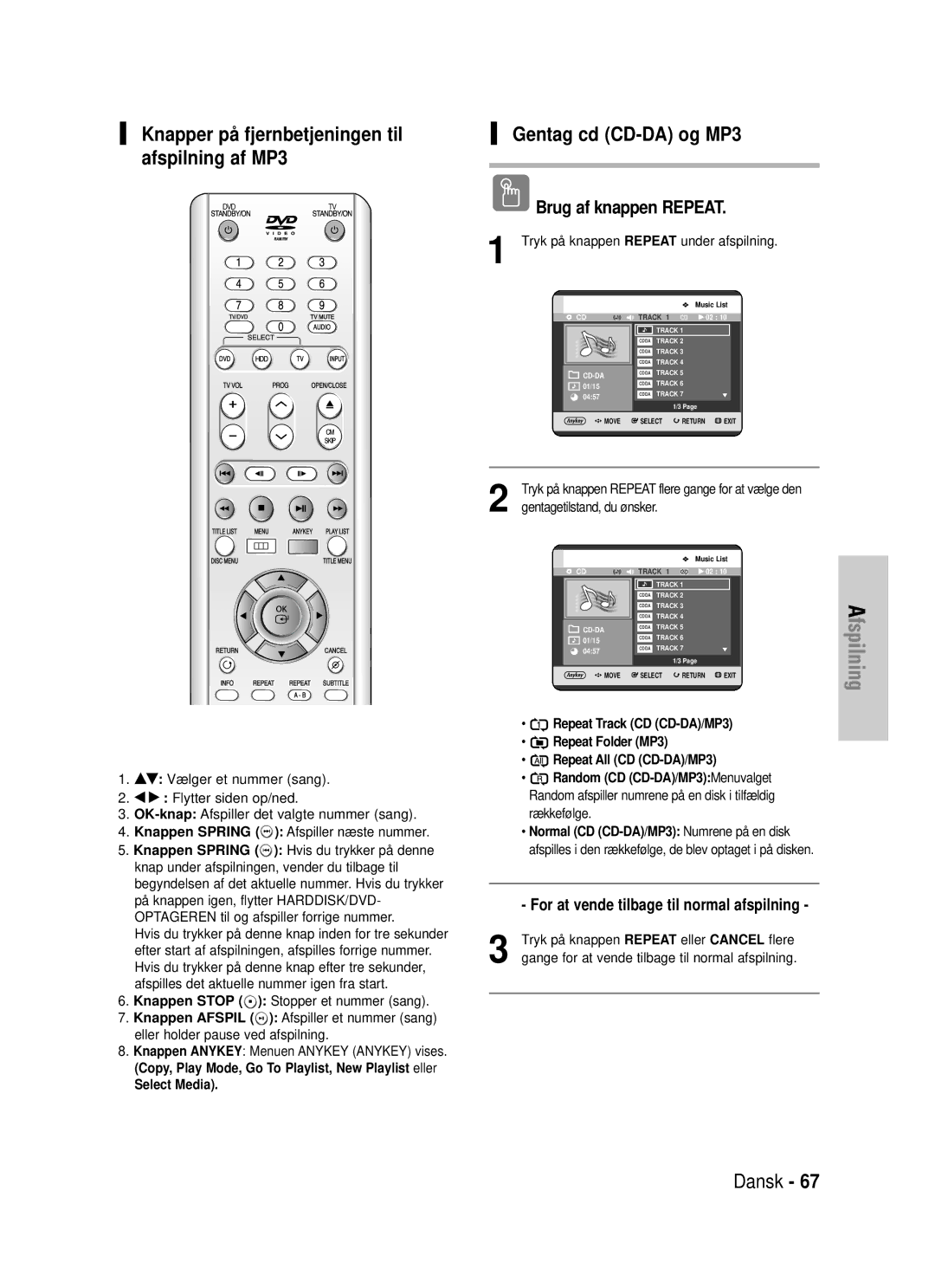 Samsung DVD-HR725/XEE Knapper på fjernbetjeningen til afspilning af MP3, Gentag cd CD-DA og MP3, Select Media, Rækkefø lge 