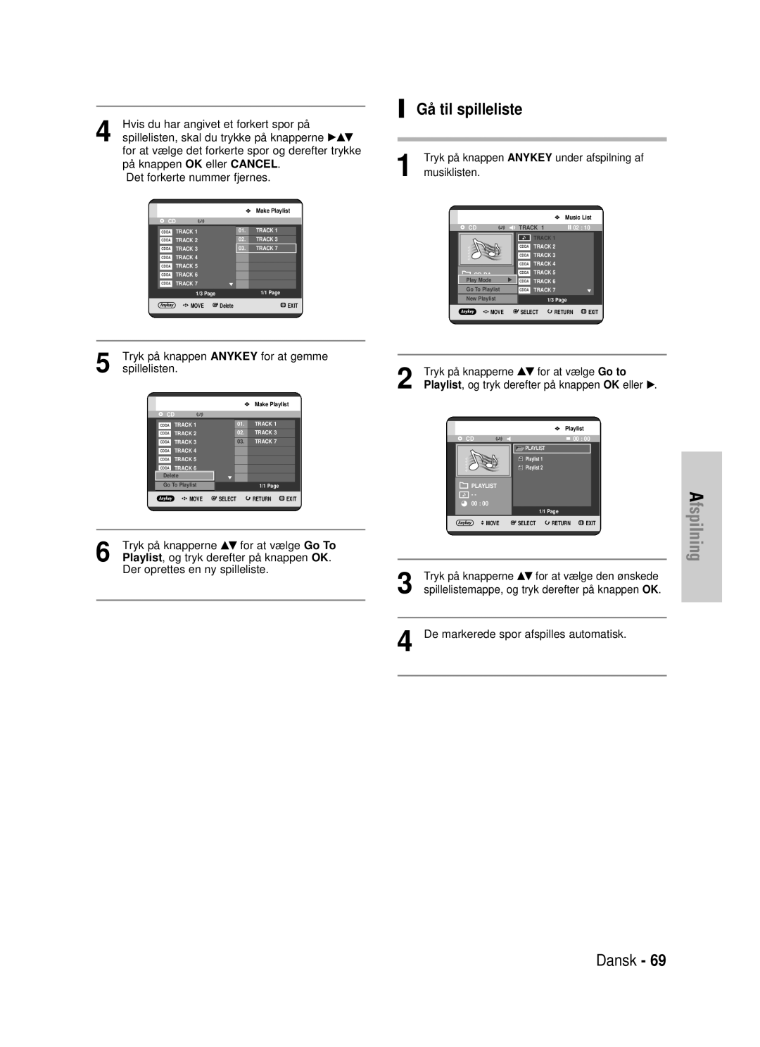 Samsung DVD-HR725/XEE manual Gå til spilleliste, Tryk på knappen Anykey for at gemme, Spillelisten 