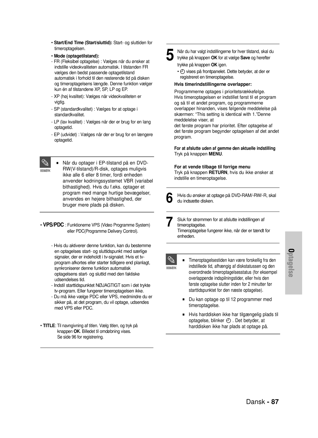 Samsung DVD-HR725/XEE manual Når du optager i EP-tilstand på en DVD, Du kan optage op til 12 programmer med timeroptagelse 