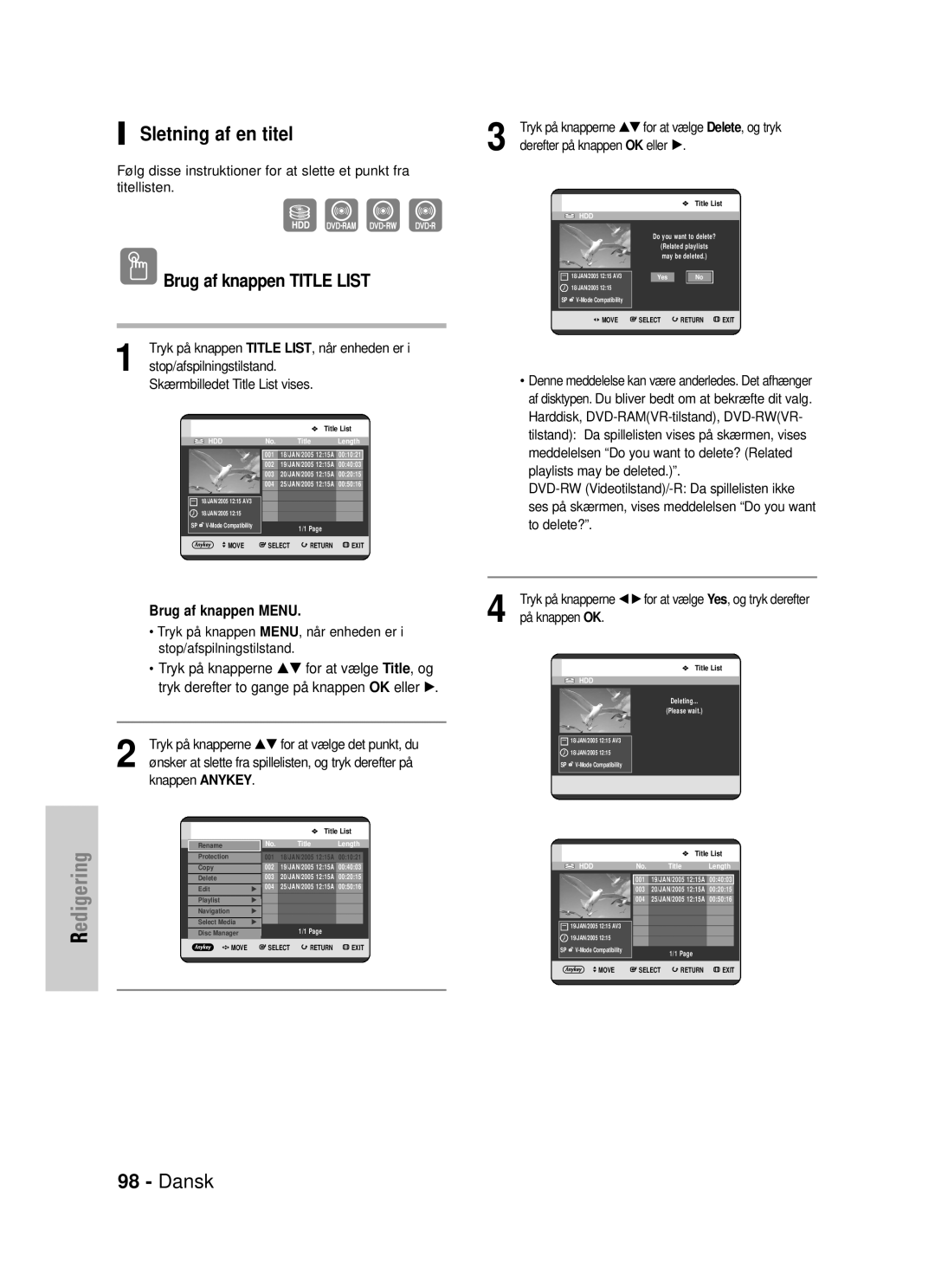 Samsung DVD-HR725/XEE manual Sletning af en titel, På knappen OK, Derefter på knappen OK eller √ 