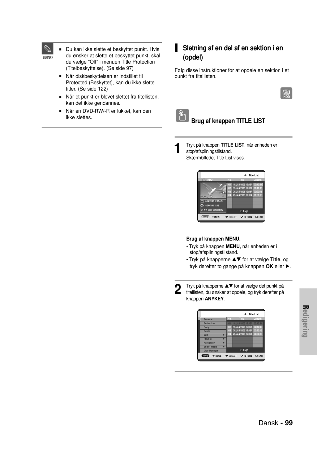 Samsung DVD-HR725/XEE manual Sletning af en del af en sektion i en opdel, Du vælge Off i menuen Title Protection 