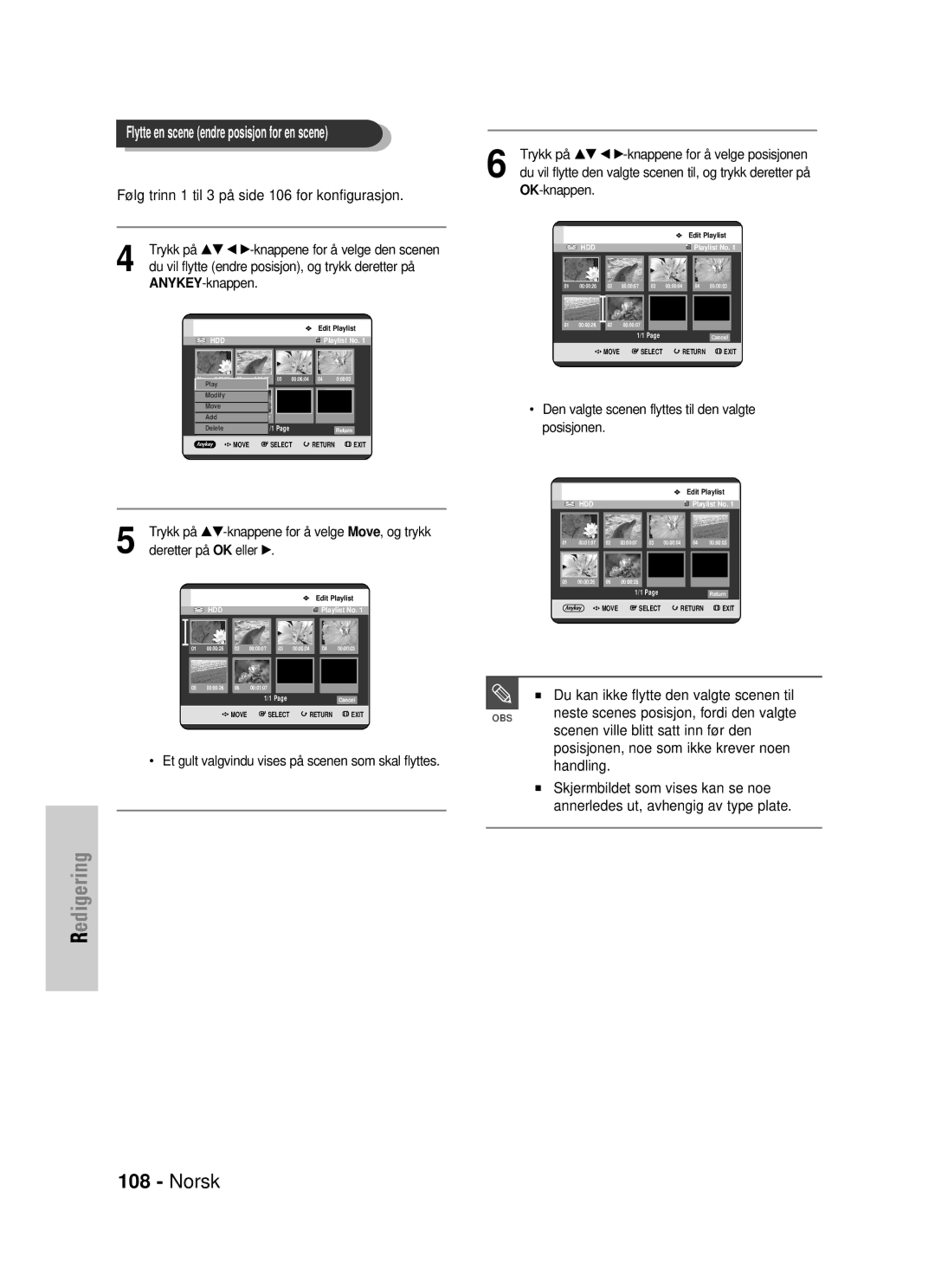 Samsung DVD-HR725/XEE manual Du kan ikke flytte den valgte scenen til, Neste scenes posisjon, fordi den valgte, Handling 