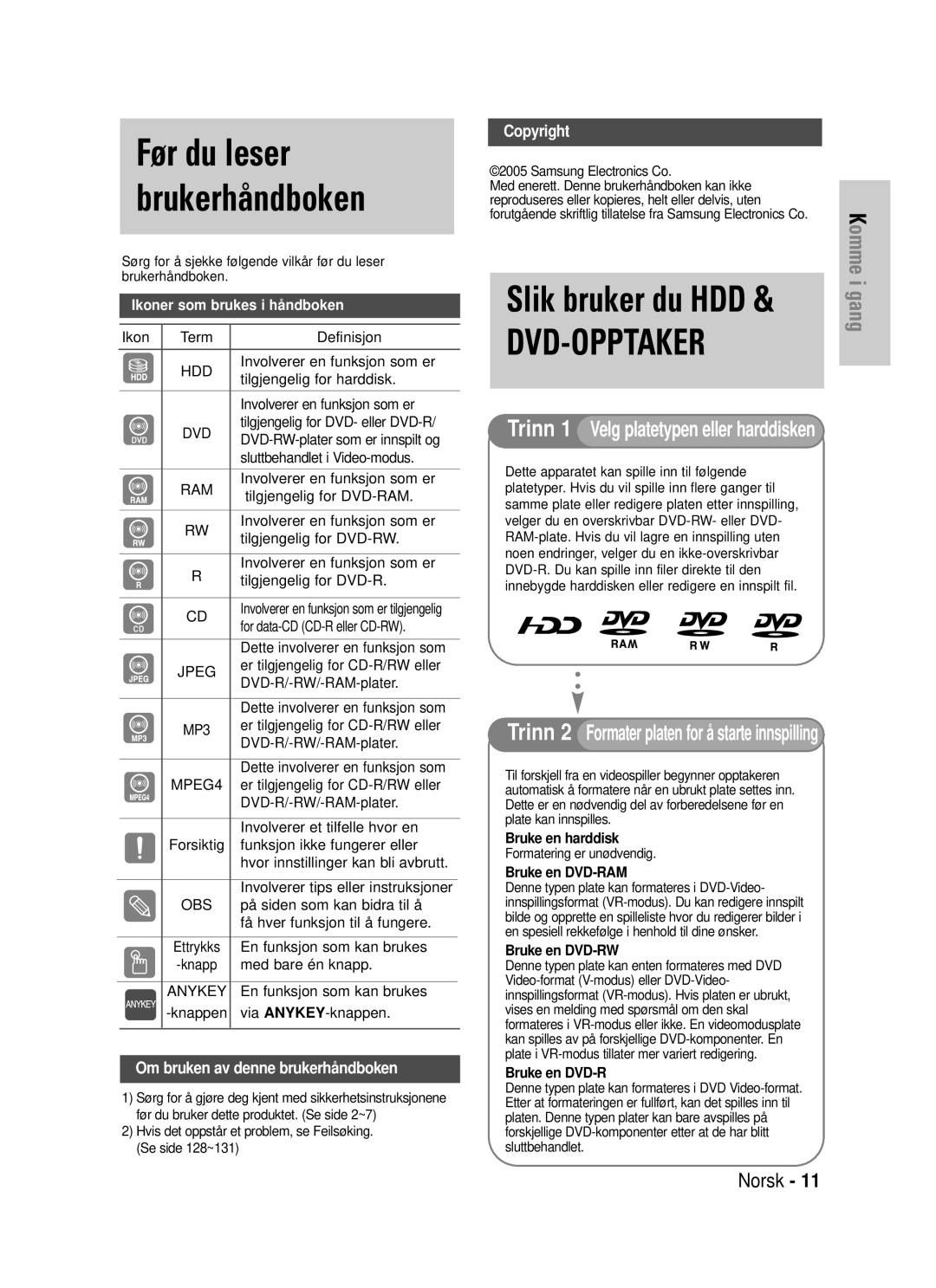 Samsung DVD-HR725/XEE manual Før du leser brukerhåndboken 