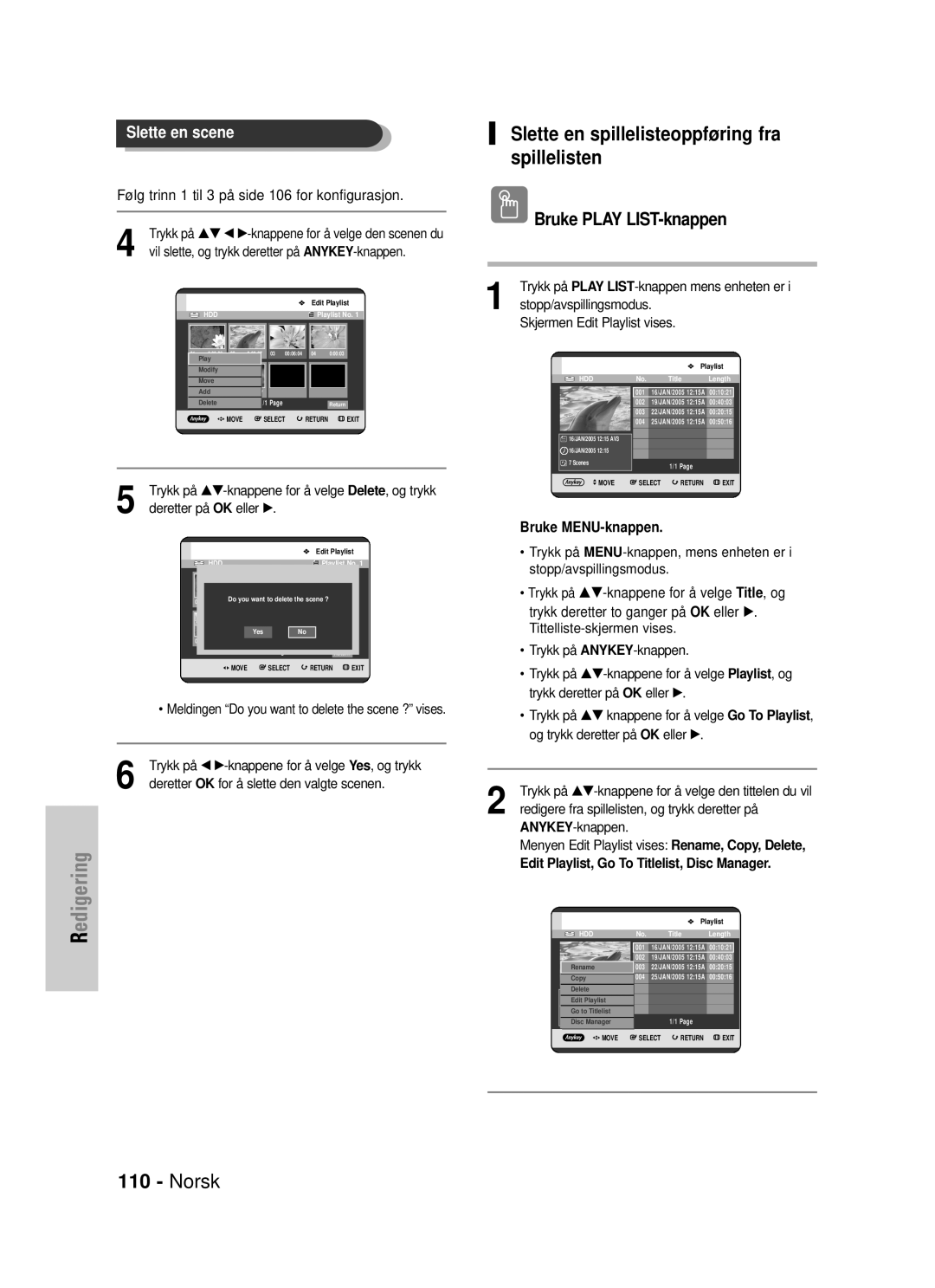 Samsung DVD-HR725/XEE Norsk Slette en spillelisteoppføring fra spillelisten, Edit Playlist, Go To Titlelist, Disc Manager 