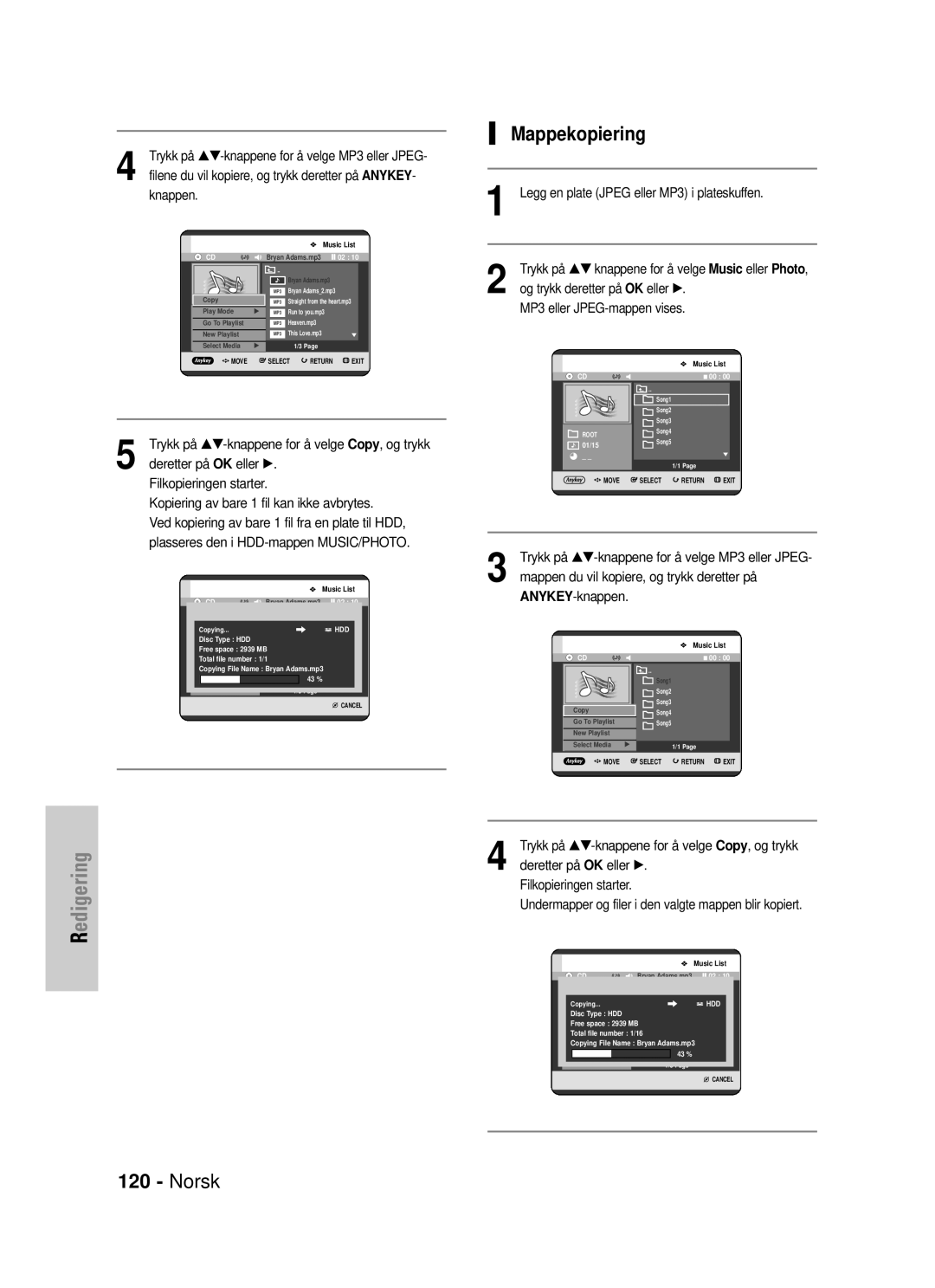 Samsung DVD-HR725/XEE manual Mappekopiering 