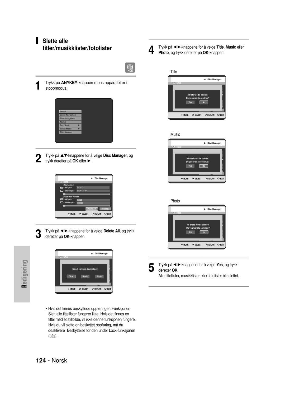 Samsung DVD-HR725/XEE manual Slette alle titler/musikklister/fotolister, Deretter på OK-knappen 