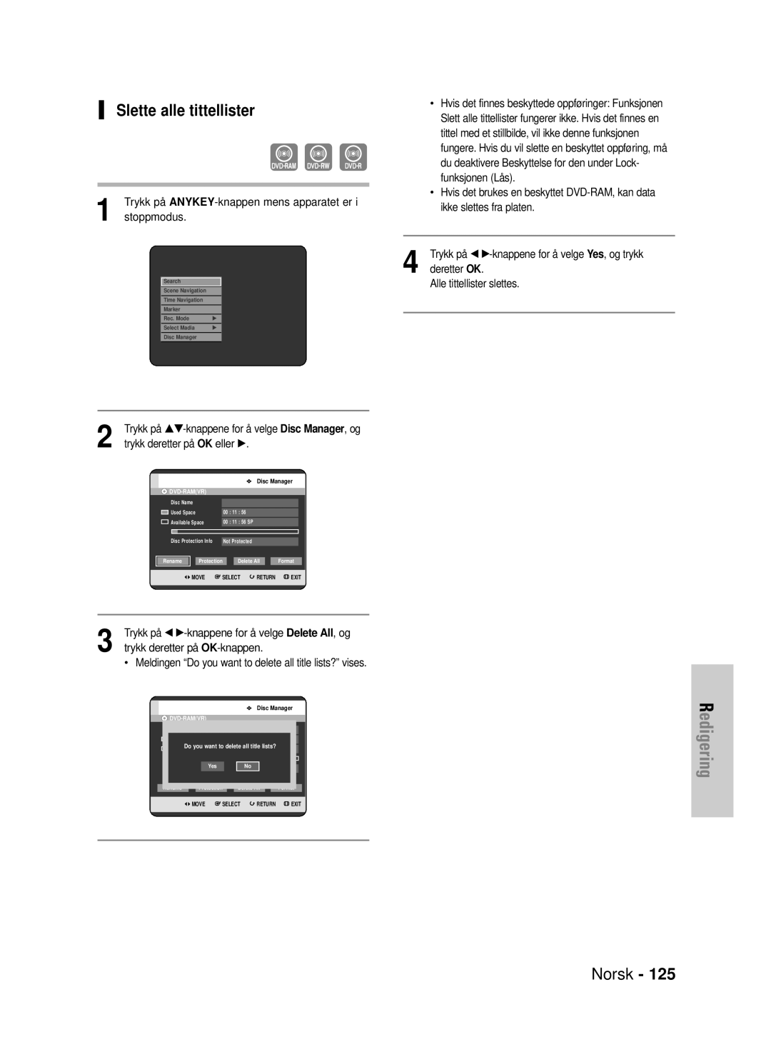 Samsung DVD-HR725/XEE manual Slette alle tittellister, Trykk på œ √-knappene for å velge Delete All, og 