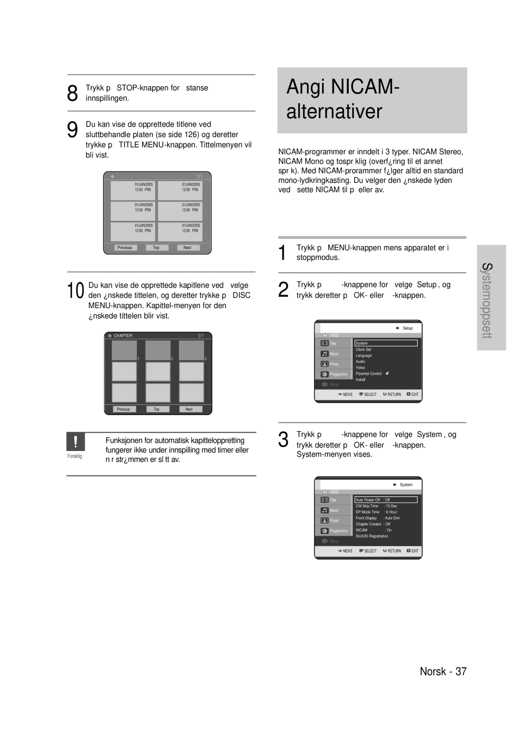 Samsung DVD-HR725/XEE manual Angi NICAM- alternativer 