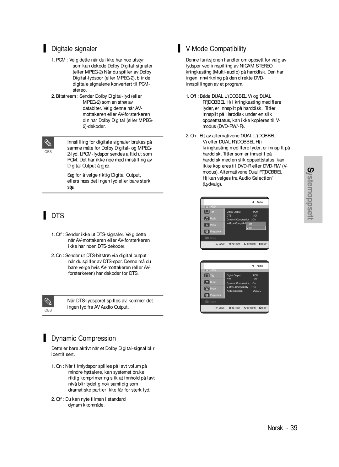 Samsung DVD-HR725/XEE manual Digitale signaler, Mode Compatibility, Dynamic Compression, Digital Output å gjøre 