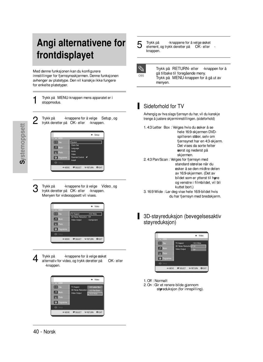 Samsung DVD-HR725/XEE manual Sideforhold for TV, 3D-støyreduksjon bevegelsesaktiv støyreduksjon, Menyen 