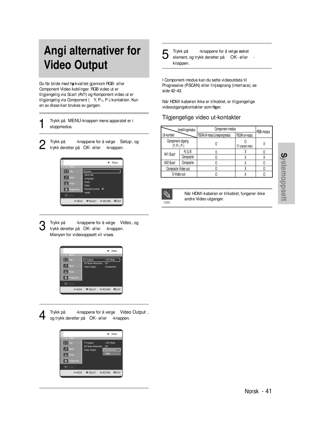 Samsung DVD-HR725/XEE manual Tilgjengelige video ut-kontakter, Trykk på …†-knappene for å velge Video Output 