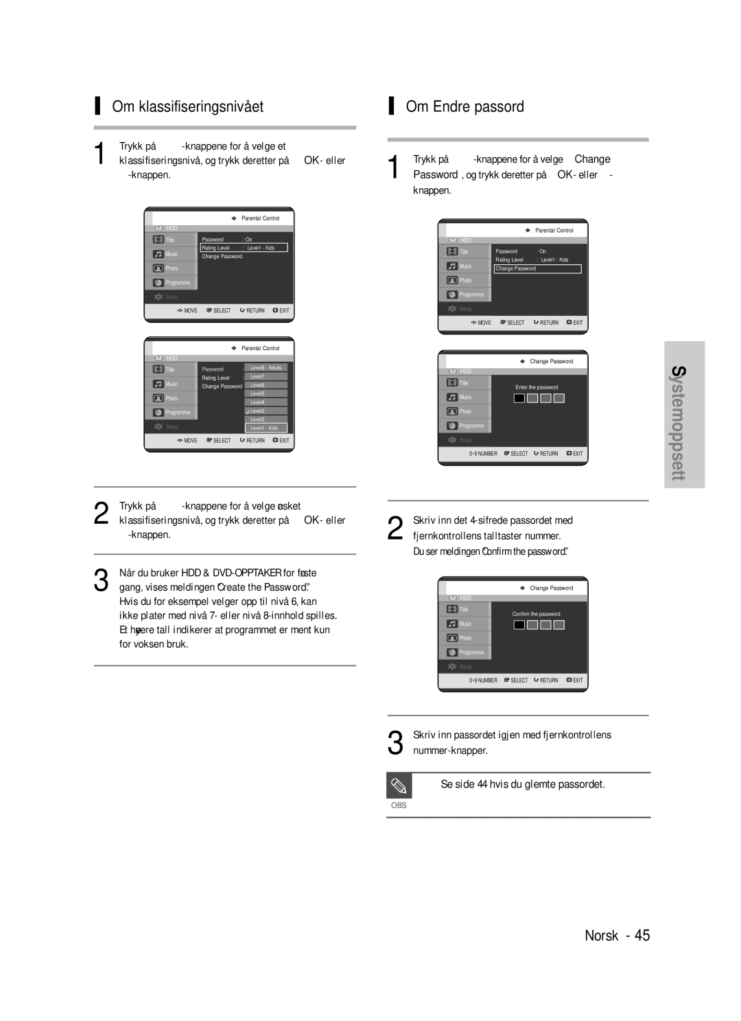 Samsung DVD-HR725/XEE manual Om klassifiseringsnivået Om Endre passord, Se side 44 hvis du glemte passordet 