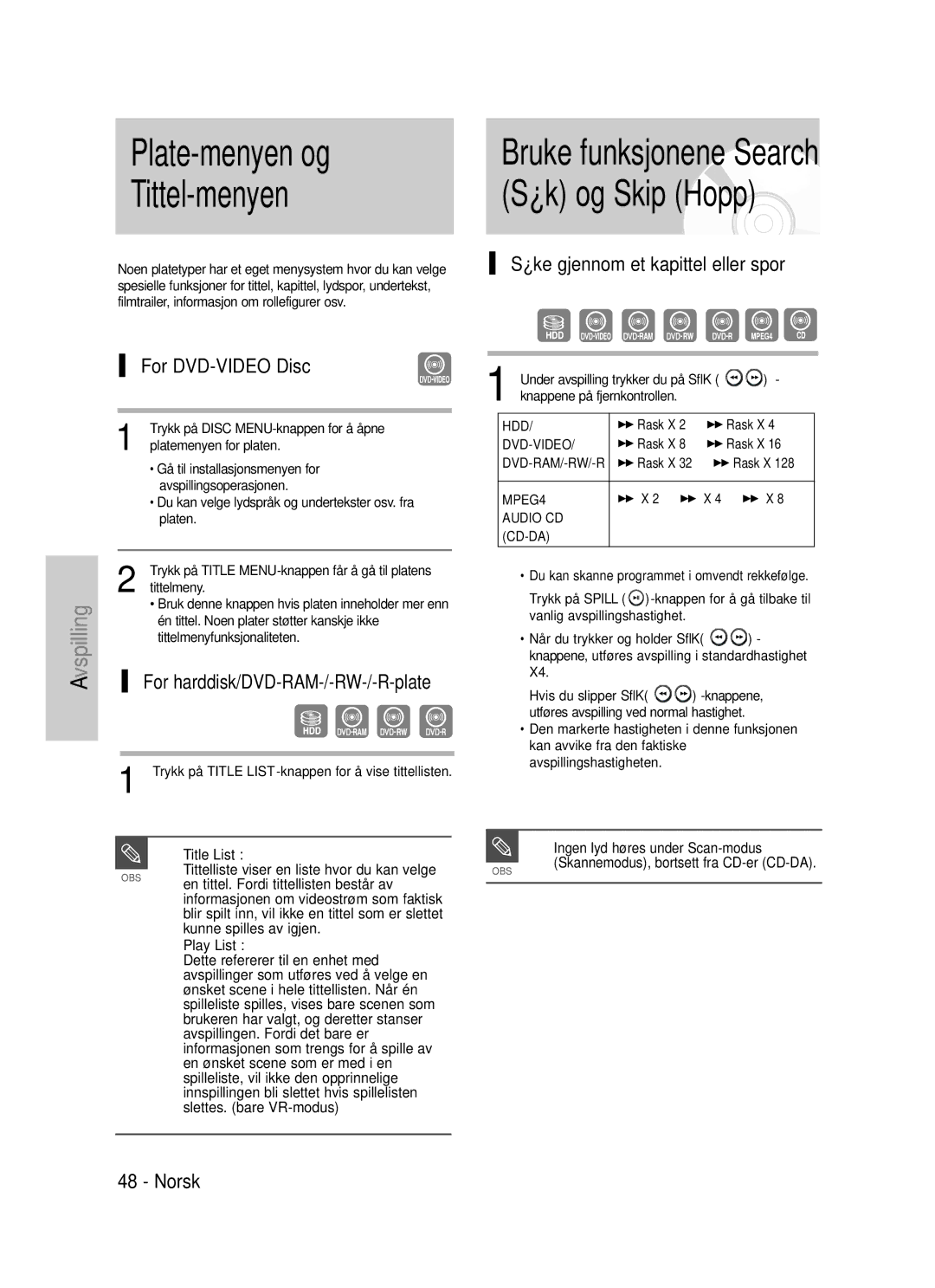 Samsung DVD-HR725/XEE manual Plate-menyen og Tittel-menyen, For DVD-VIDEO Disc, For harddisk/DVD-RAM-/-RW-/-R-plate 