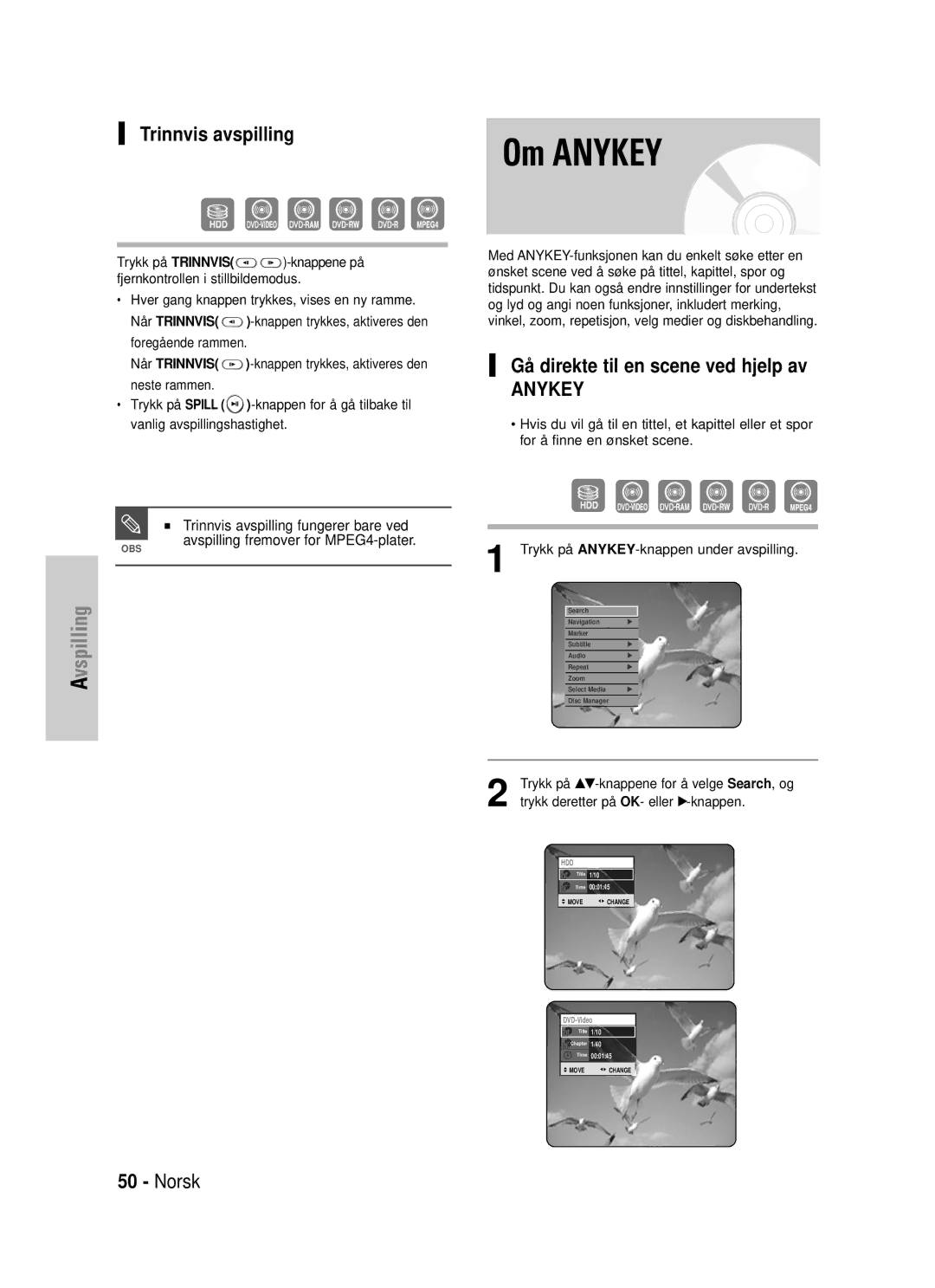 Samsung DVD-HR725/XEE manual Om Anykey, Trinnvis avspilling, Gå direkte til en scene ved hjelp av 