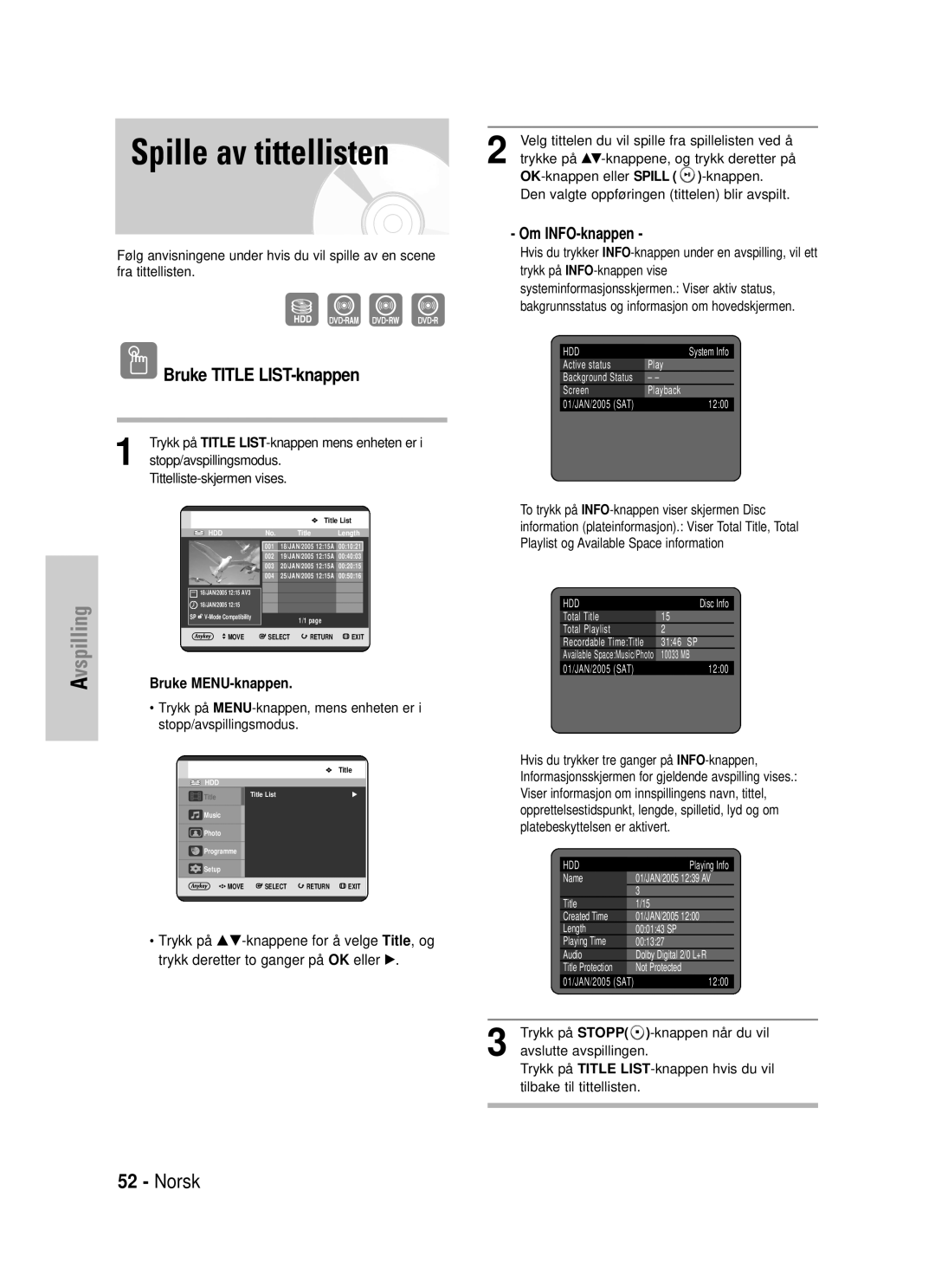 Samsung DVD-HR725/XEE manual Spille av tittellisten, Bruke Title LIST-knappen, Om INFO-knappen 