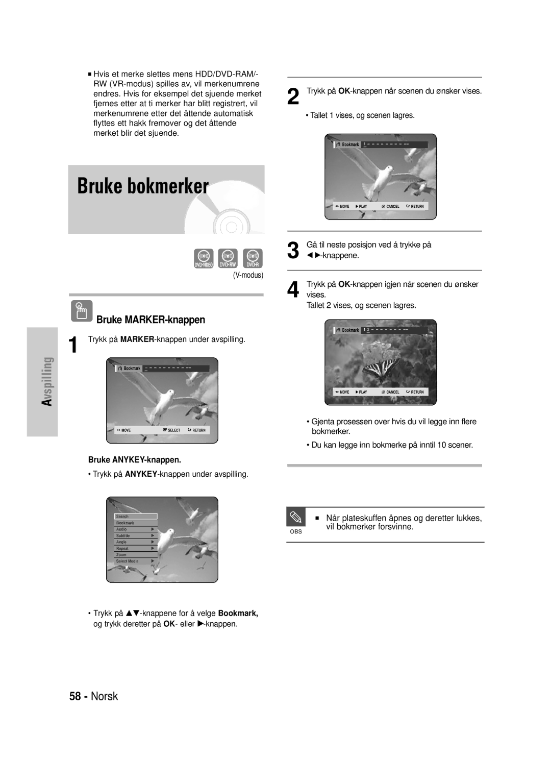 Samsung DVD-HR725/XEE manual Bruke bokmerker, Modus 