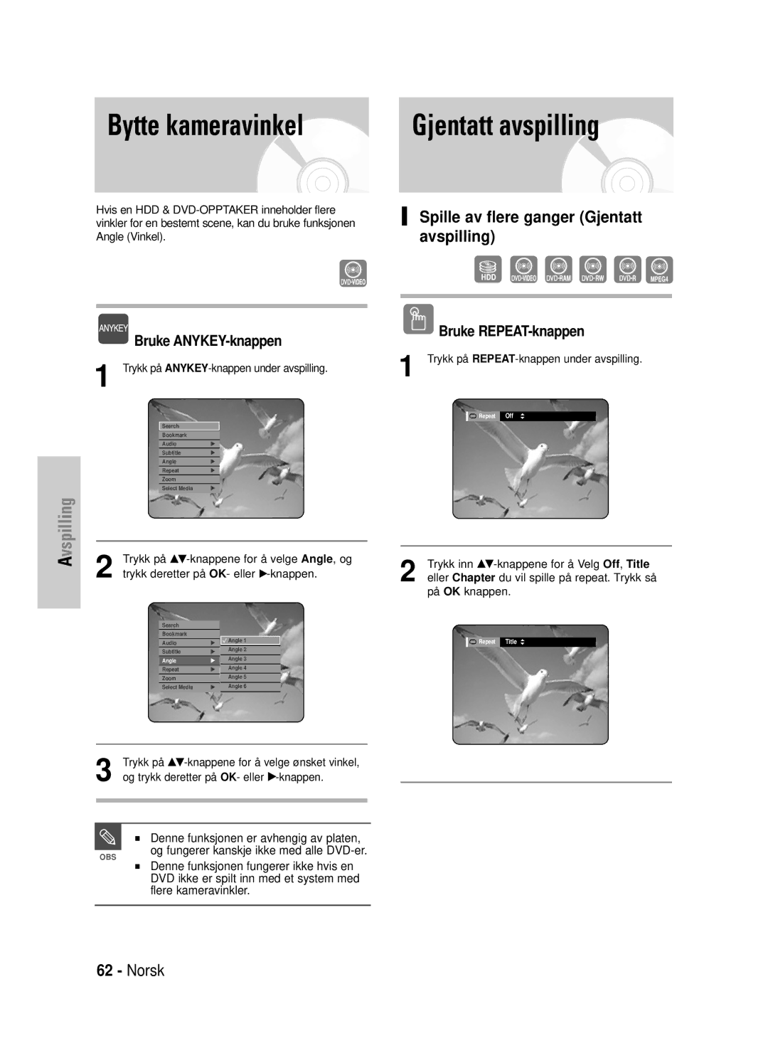 Samsung DVD-HR725/XEE manual Bytte kameravinkel, Spille av flere ganger Gjentatt avspilling, Bruke REPEAT-knappen 