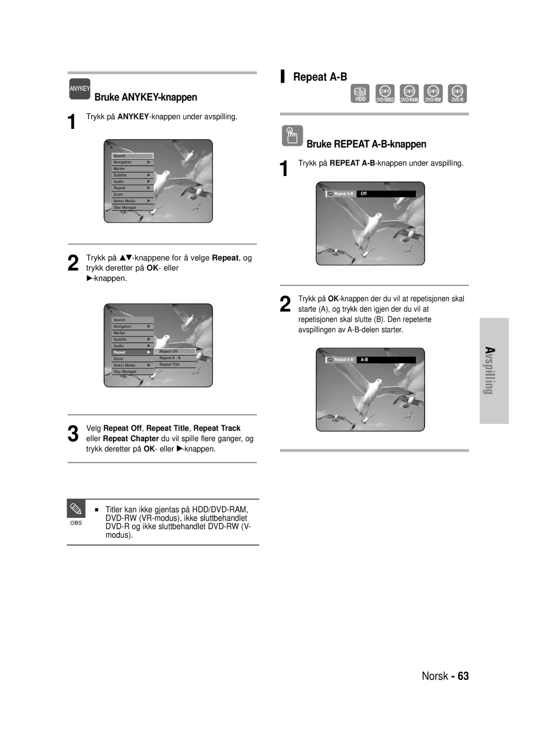 Samsung DVD-HR725/XEE manual Bruke Repeat A-B-knappen, OBS DVD-R og ikke sluttbehandlet DVD-RW V- modus 