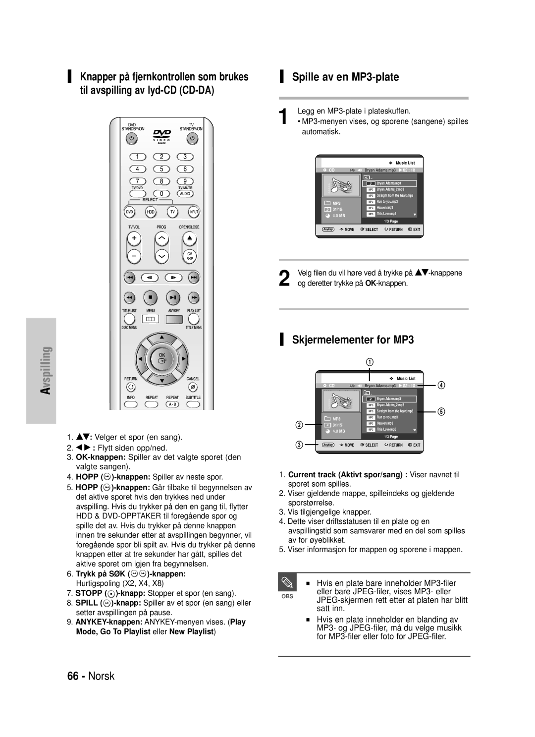 Samsung DVD-HR725/XEE Spille av en MP3-plate, Skjermelementer for MP3, Hvis en plate bare inneholder MP3-filer, Satt inn 