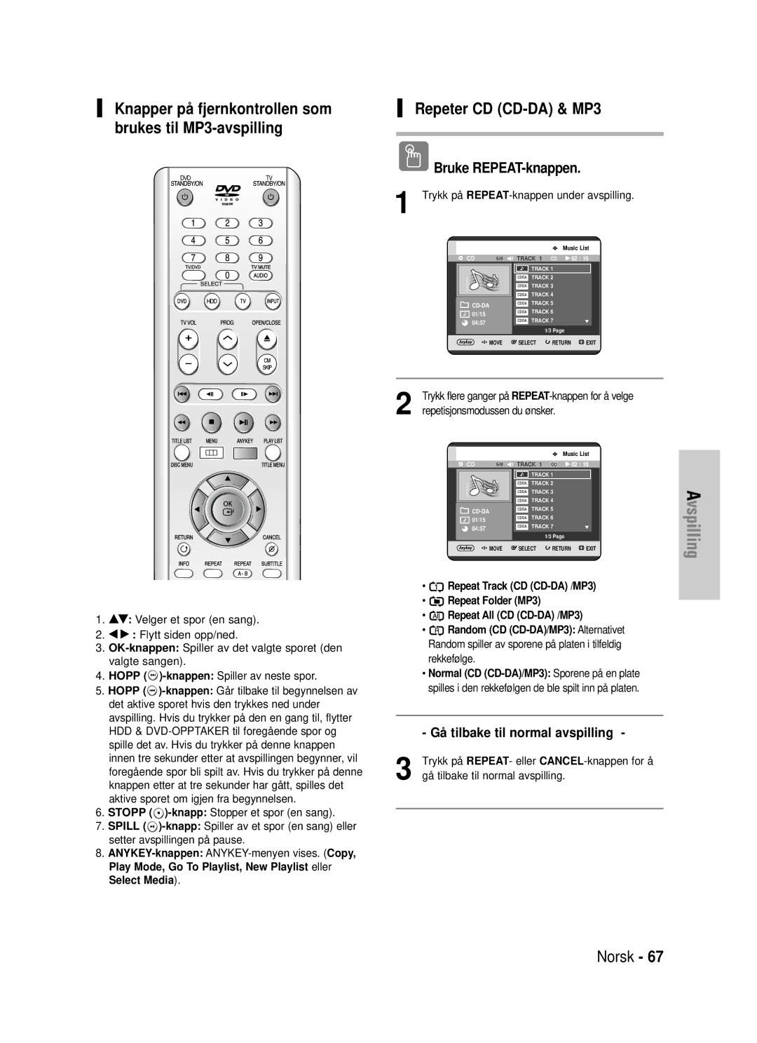 Samsung DVD-HR725/XEE manual Knapper på fjernkontrollen som brukes til MP3-avspilling, Repeter CD CD-DA & MP3, Rekkefø lge 