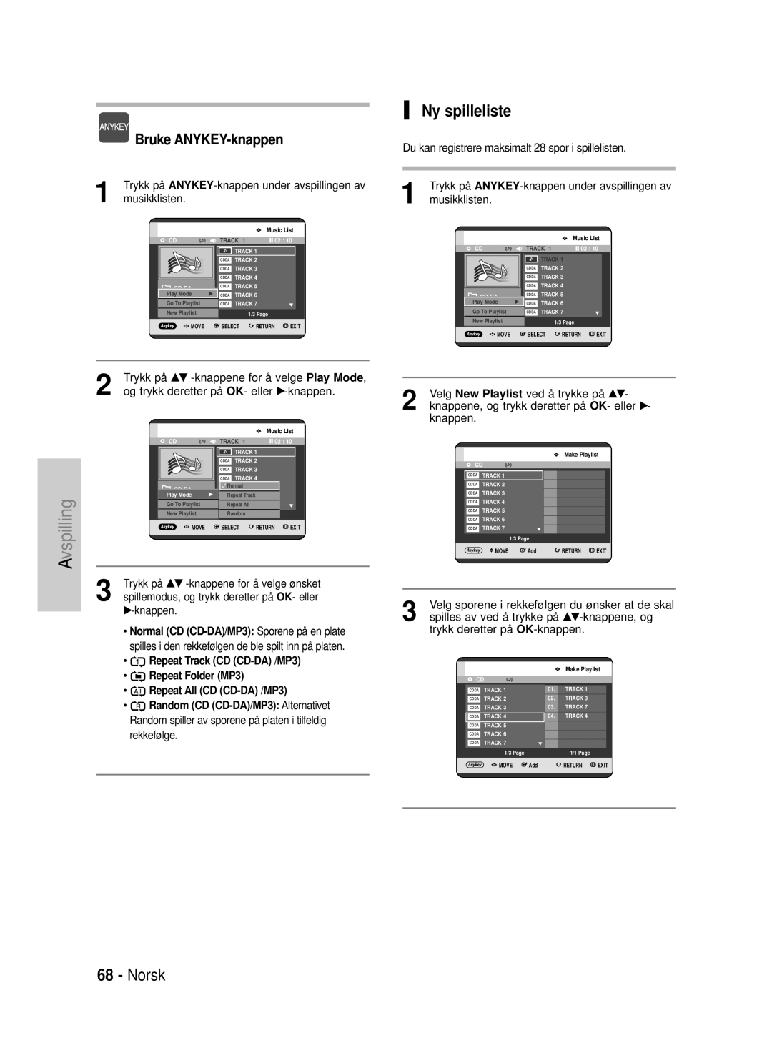 Samsung DVD-HR725/XEE manual Ny spilleliste, Repeat Track CD CD-DA /MP3, Random CD CD-DA/MP3 Alternativet 