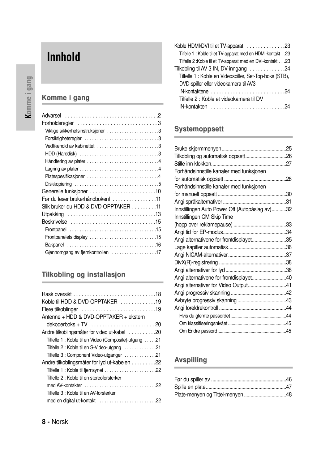 Samsung DVD-HR725/XEE manual Innhold, Koble til en stereoforsterker, Koble til en AV-forsterker 