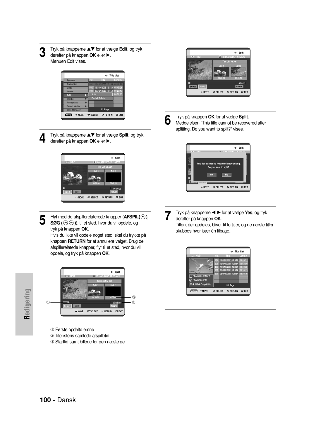 Samsung DVD-HR725/XEE Tryk på knapperne …† for at vælge Edit, og tryk, Derefter på knappen OK eller √ Menuen Edit vises 