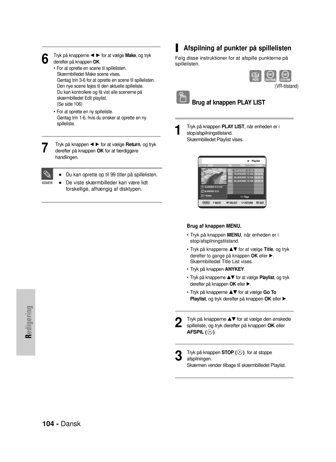 Samsung DVD-HR725/XEE manual Dansk Afspilning af punkter på spillelisten, Brug af knappen Play List 