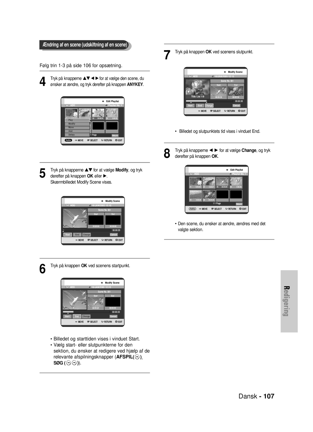 Samsung DVD-HR725/XEE manual Følg trin 1-3 på side 106 for opsætning, Billedet og starttiden vises i vinduet Start, Søg 