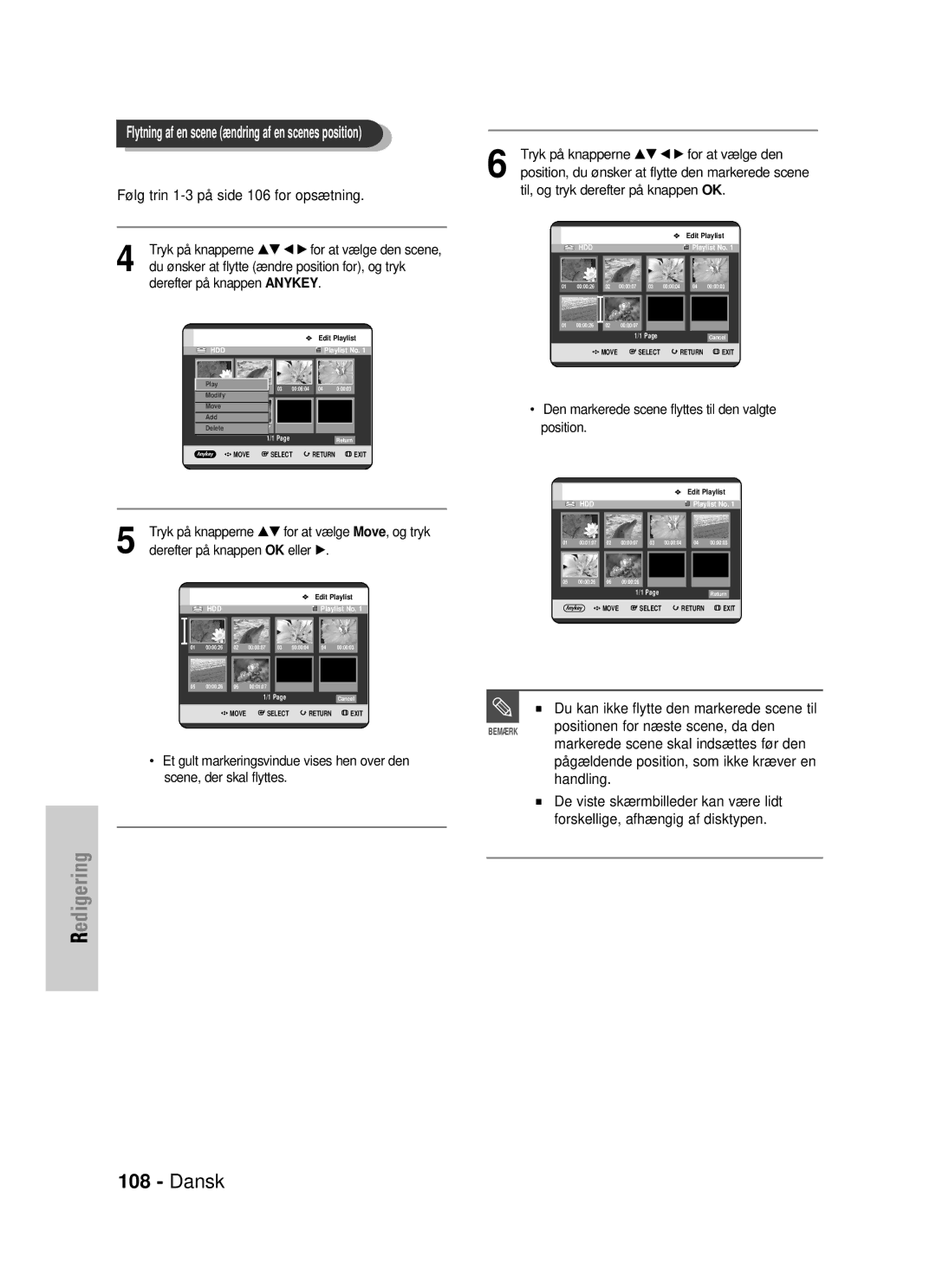 Samsung DVD-HR725/XEE Positionen for næste scene, da den, Handling, Flytning af en scene ændring af en scenes position 