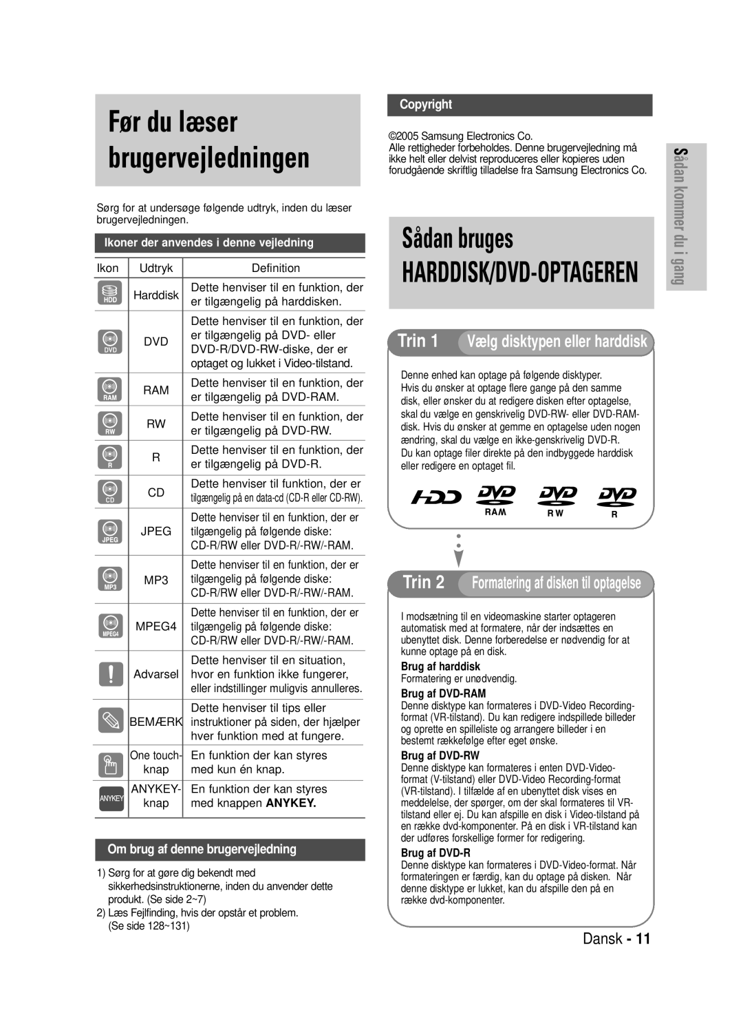 Samsung DVD-HR725/XEE manual Sådan bruges, Før du læser brugervejledningen 