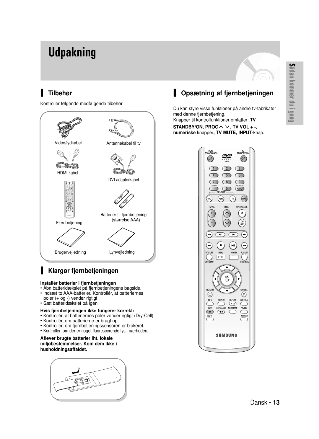 Samsung DVD-HR725/XEE manual Udpakning, Tilbehør, Klargør fjernbetjeningen, Opsætning af fjernbetjeningen 