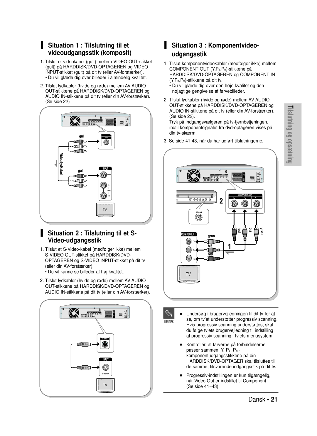 Samsung DVD-HR725/XEE manual Situation 2 Tilslutning til et S- Video-udgangsstik, Situation 3 Komponentvideo- udgangsstik 