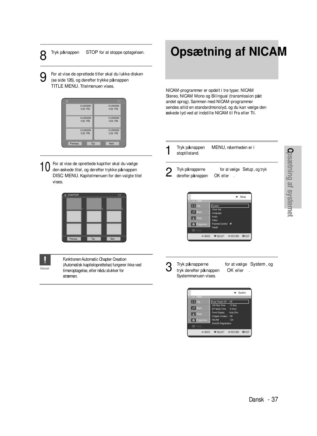 Samsung DVD-HR725/XEE manual Opsætning af Nicam 