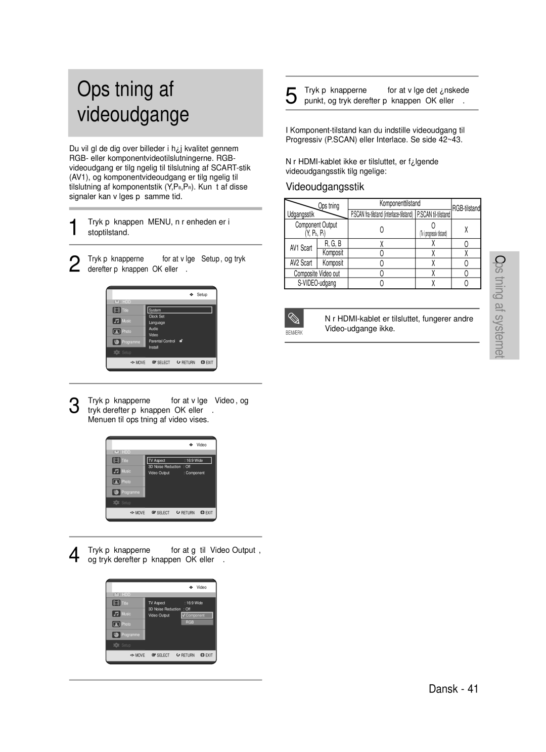 Samsung DVD-HR725/XEE manual Opsætning af videoudgange, Videoudgangsstik, Tryk på knapperne …† for at gå til Video Output 