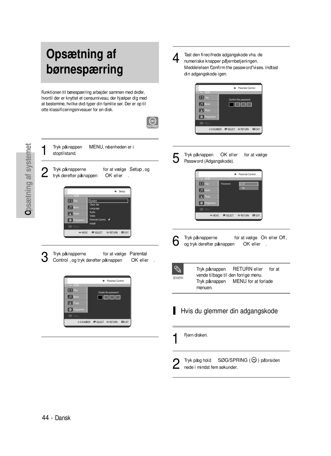 Samsung DVD-HR725/XEE Opsætning af børnespærring, Hvis du glemmer din adgangskode, Tryk på knappen OK eller √ for at vælge 