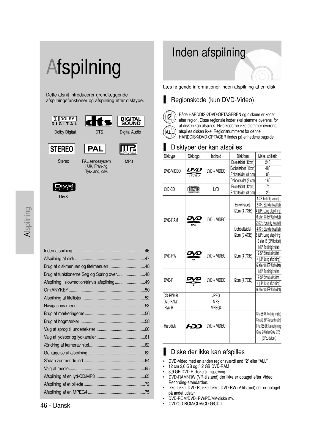 Samsung DVD-HR725/XEE manual Inden afspilning, Regionskode kun DVD-Video, Disktyper der kan afspilles 