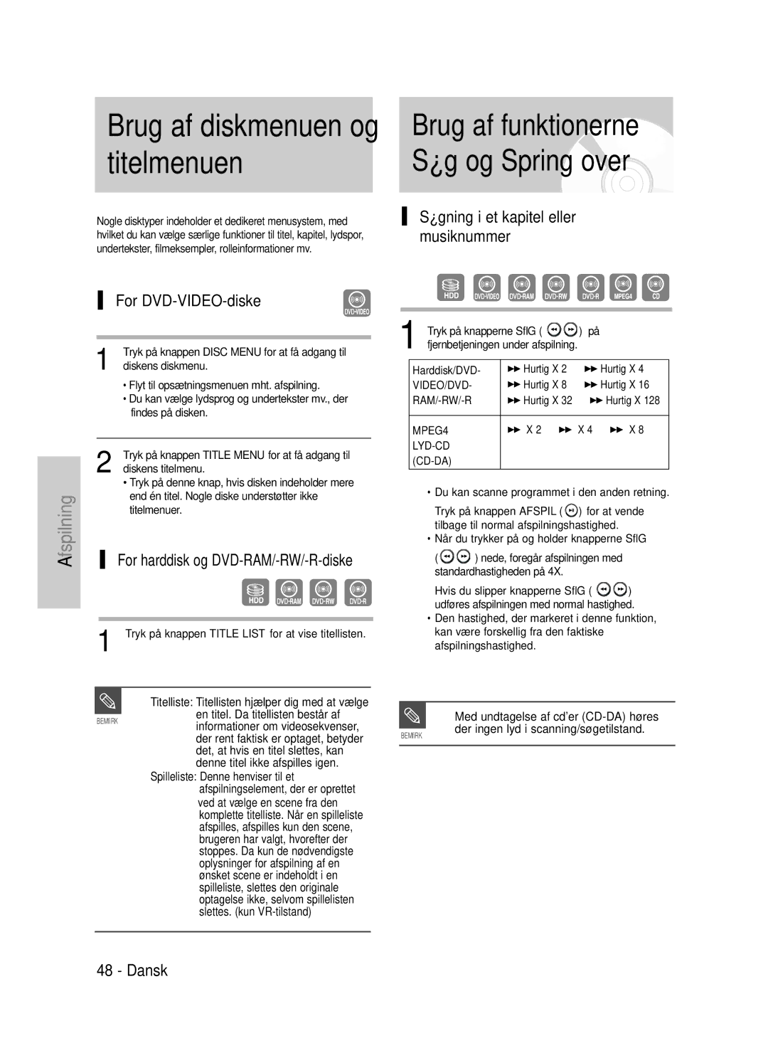 Samsung DVD-HR725/XEE manual Titelmenuen, Brug af funktionerne, Søg og Spring over, For harddisk og DVD-RAM/-RW/-R-diske 