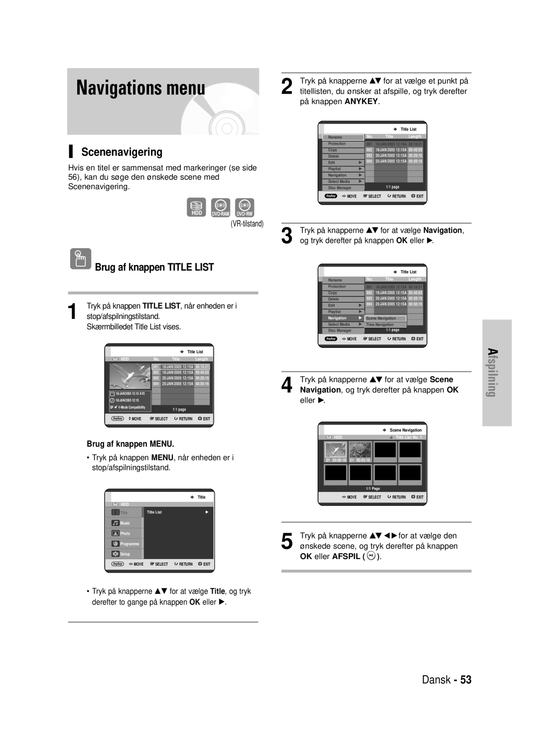 Samsung DVD-HR725/XEE manual Navigations menu, Scenenavigering, VR-tilstand, OK eller Afspil 