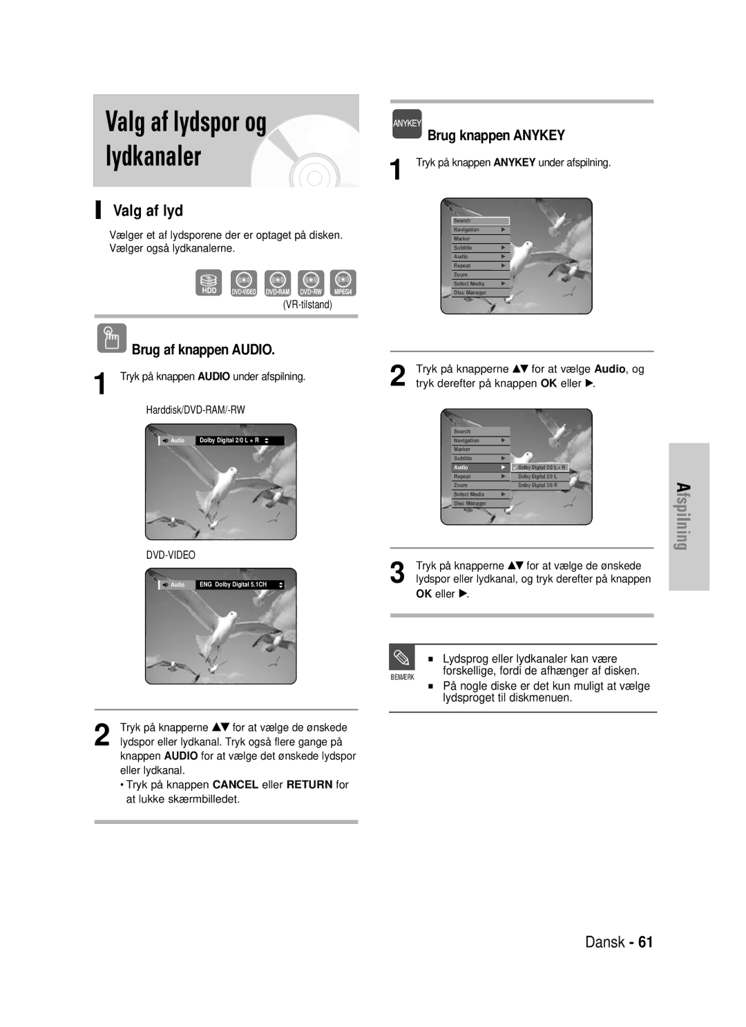 Samsung DVD-HR725/XEE manual Valg af lyd, Brug af knappen Audio, Lydsprog eller lydkanaler kan være 