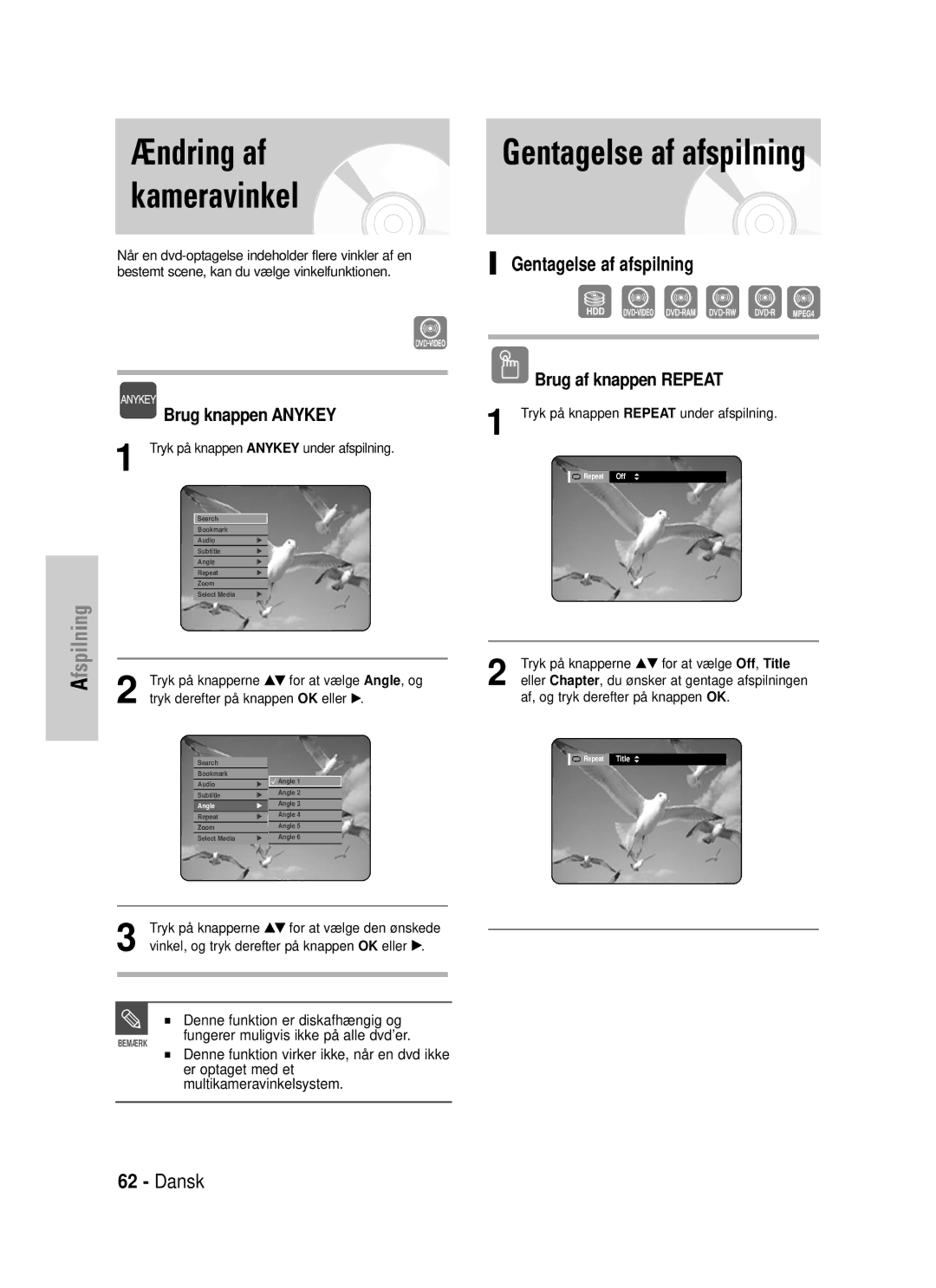 Samsung DVD-HR725/XEE manual Ændring af kameravinkel, Gentagelse af afspilning, Brug af knappen Repeat 