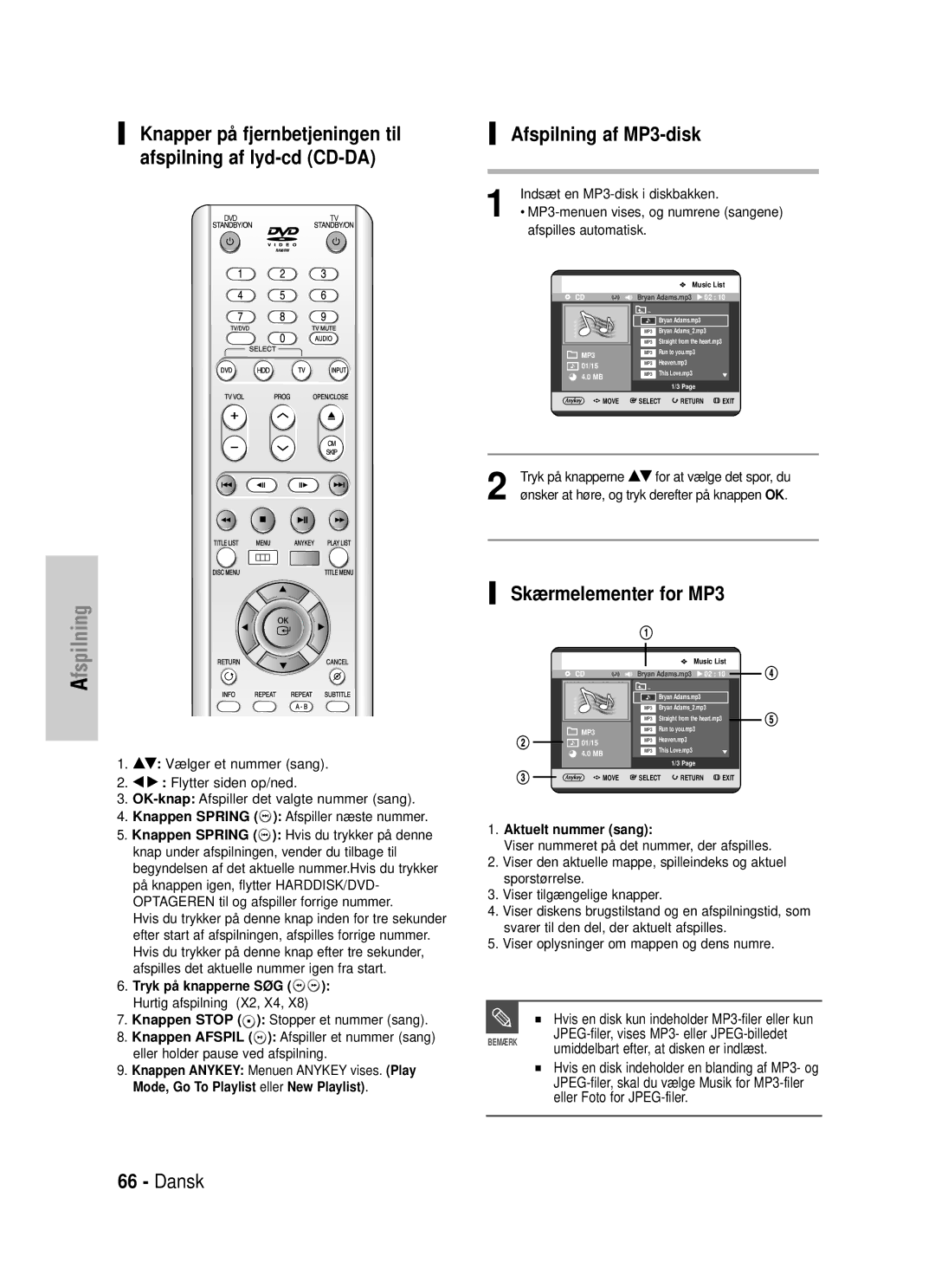 Samsung DVD-HR725/XEE Afspilning af MP3-disk, Skærmelementer for MP3, Hvis en disk kun indeholder MP3-filer eller kun 