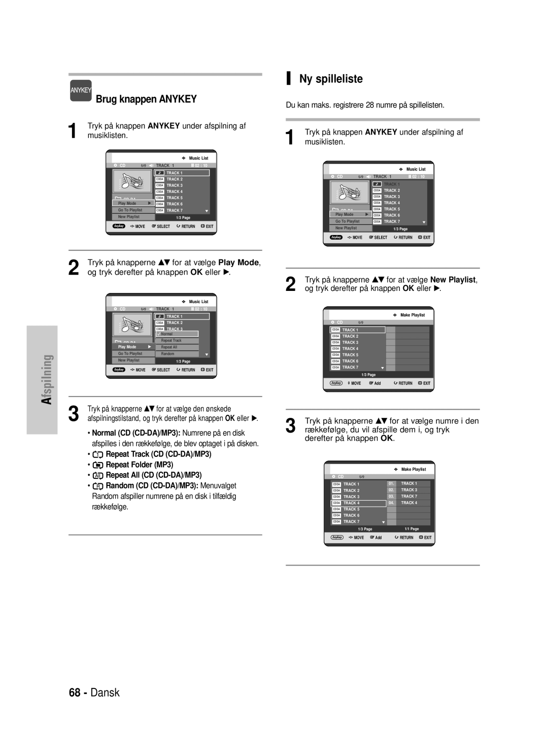 Samsung DVD-HR725/XEE manual Ny spilleliste, Repeat Track CD CD-DA/MP3, Random CD CD-DA/MP3 Menuvalget 