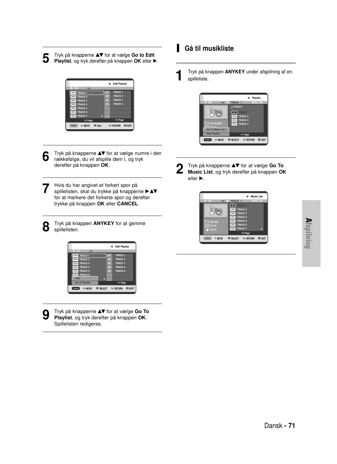 Samsung DVD-HR725/XEE manual Gå til musikliste 