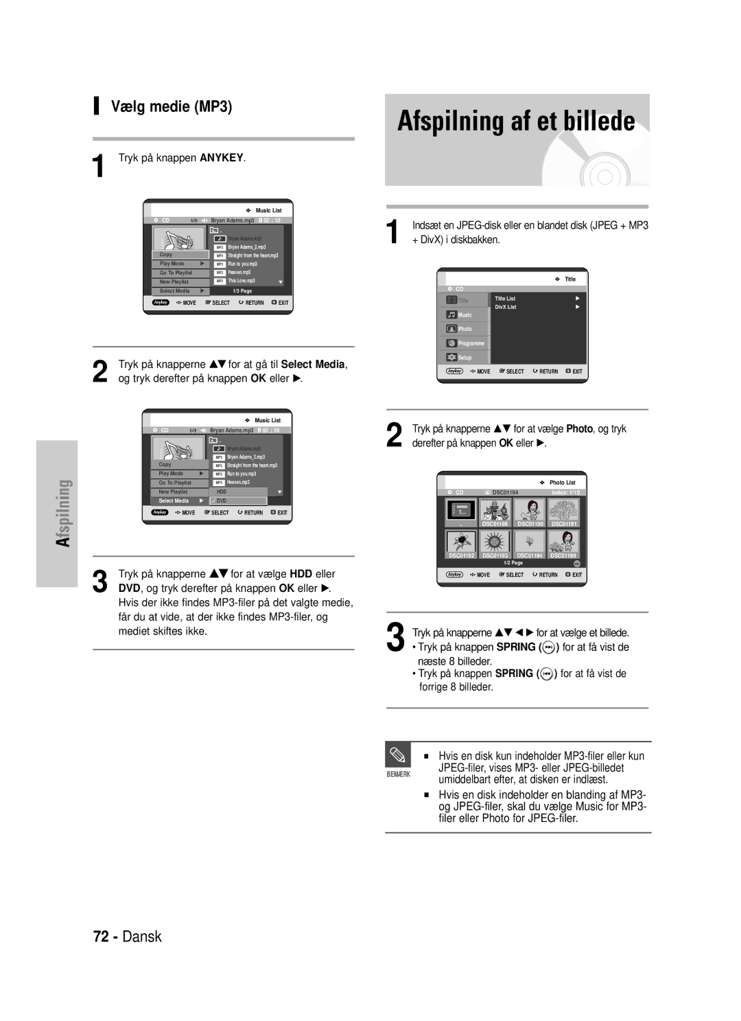 Samsung DVD-HR725/XEE manual Afspilning af et billede, Vælg medie MP3, + DivX i diskbakken, Tryk på knappen Spring 