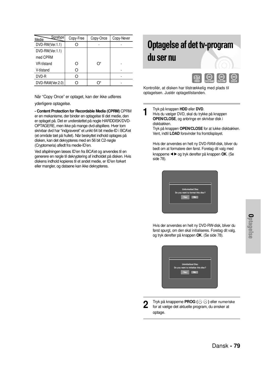 Samsung DVD-HR725/XEE manual Medie, Copy-Free, Med Cprm VR-tilstand 